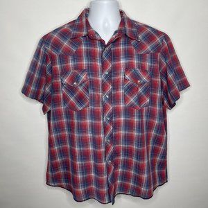 💜 3/$30 Vintage 80s Rustler Red Blue Plaid Pearl Snap Western Shirt
